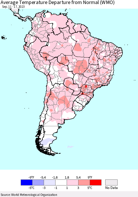 South America Average Temperature Departure from Normal (WMO) Thematic Map For 9/11/2023 - 9/17/2023