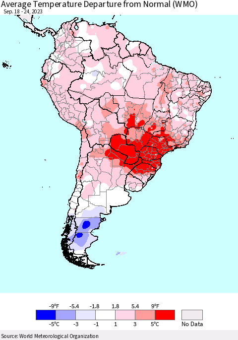 South America Average Temperature Departure from Normal (WMO) Thematic Map For 9/18/2023 - 9/24/2023