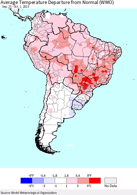 South America Average Temperature Departure from Normal (WMO) Thematic Map For 9/25/2023 - 10/1/2023