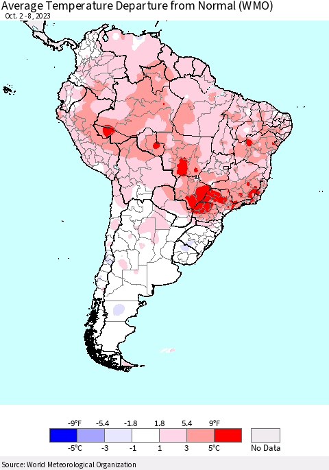 South America Average Temperature Departure from Normal (WMO) Thematic Map For 10/2/2023 - 10/8/2023