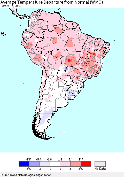 South America Average Temperature Departure from Normal (WMO) Thematic Map For 10/9/2023 - 10/15/2023