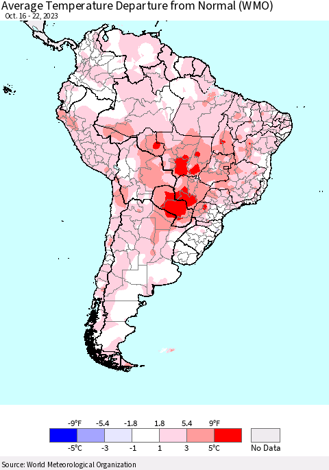 South America Average Temperature Departure from Normal (WMO) Thematic Map For 10/16/2023 - 10/22/2023