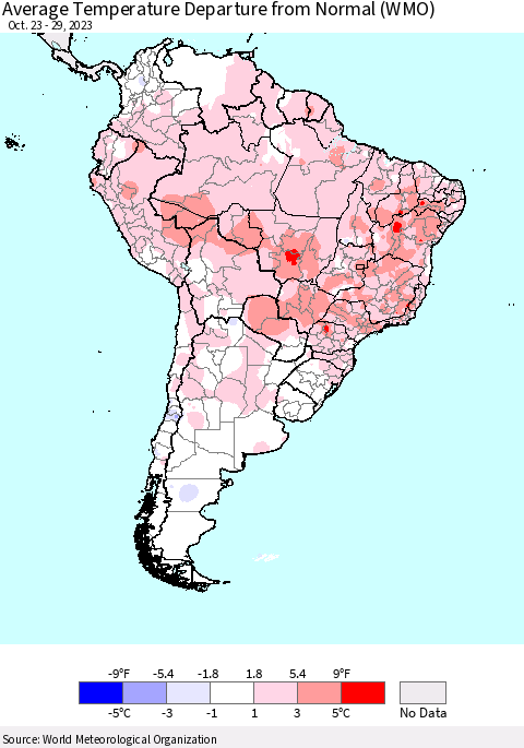 South America Average Temperature Departure from Normal (WMO) Thematic Map For 10/23/2023 - 10/29/2023
