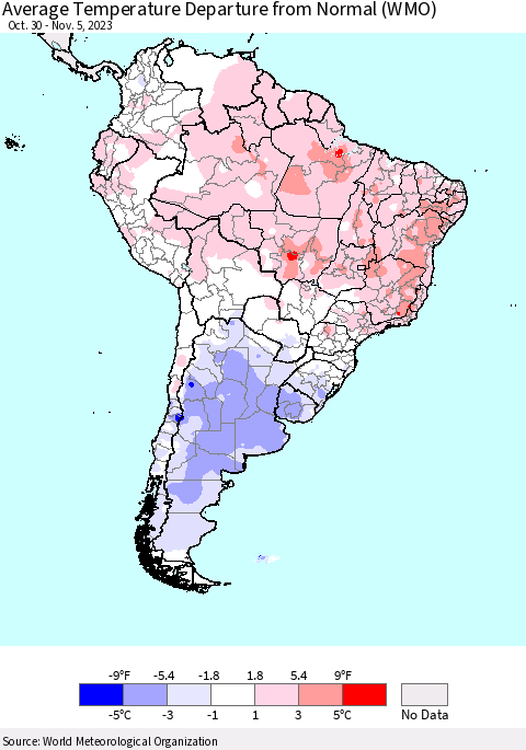 South America Average Temperature Departure from Normal (WMO) Thematic Map For 10/30/2023 - 11/5/2023
