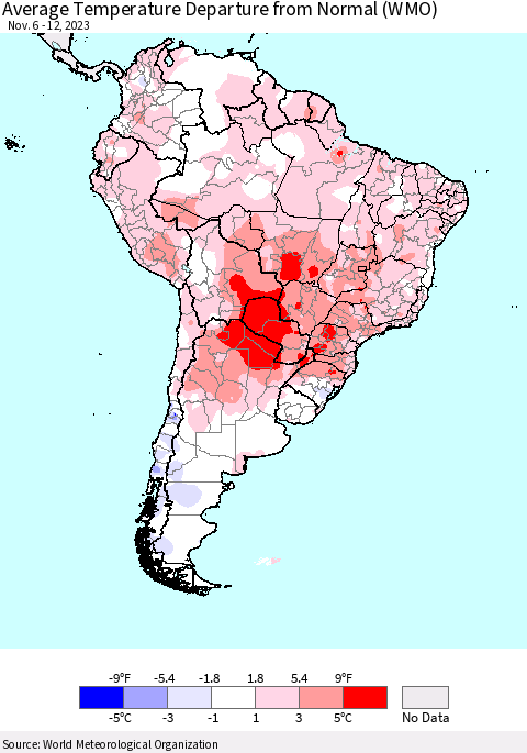 South America Average Temperature Departure from Normal (WMO) Thematic Map For 11/6/2023 - 11/12/2023
