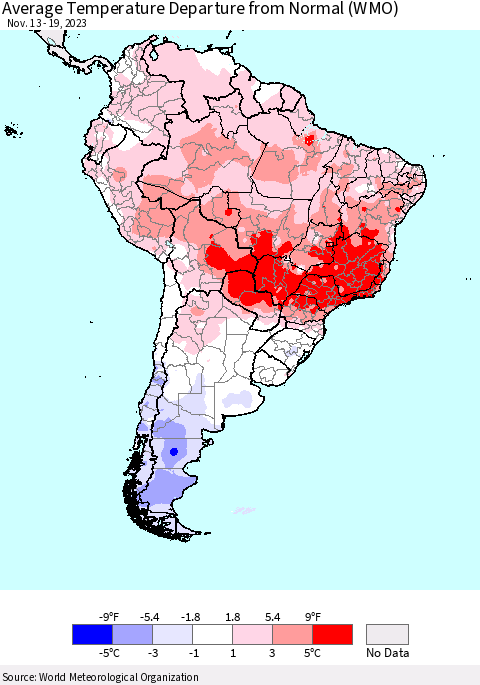 South America Average Temperature Departure from Normal (WMO) Thematic Map For 11/13/2023 - 11/19/2023