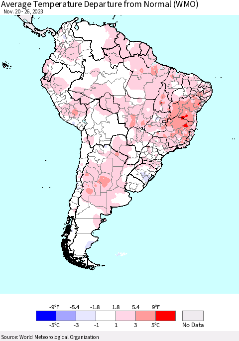 South America Average Temperature Departure from Normal (WMO) Thematic Map For 11/20/2023 - 11/26/2023