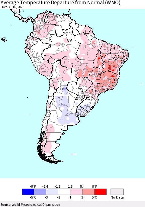 South America Average Temperature Departure from Normal (WMO) Thematic Map For 12/4/2023 - 12/10/2023