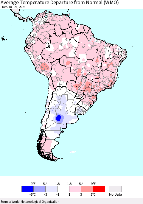 South America Average Temperature Departure from Normal (WMO) Thematic Map For 12/18/2023 - 12/24/2023