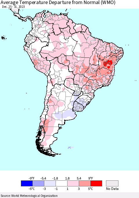 South America Average Temperature Departure from Normal (WMO) Thematic Map For 12/25/2023 - 12/31/2023