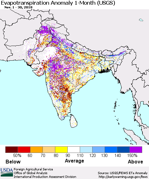 Southern Asia Monthly Evapotranspiration Anomaly (USGS) Thematic Map For 11/1/2018 - 11/30/2018