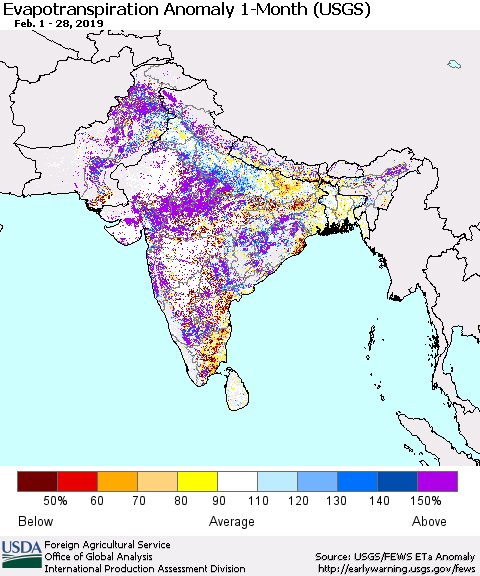 Southern Asia Monthly Evapotranspiration Anomaly (USGS) Thematic Map For 2/1/2019 - 2/28/2019