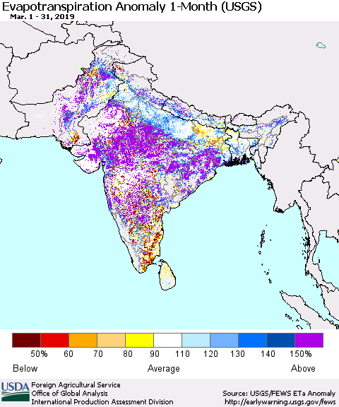 Southern Asia Monthly Evapotranspiration Anomaly (USGS) Thematic Map For 3/1/2019 - 3/31/2019