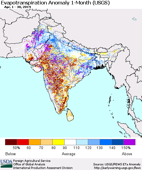 Southern Asia Monthly Evapotranspiration Anomaly (USGS) Thematic Map For 4/1/2019 - 4/30/2019