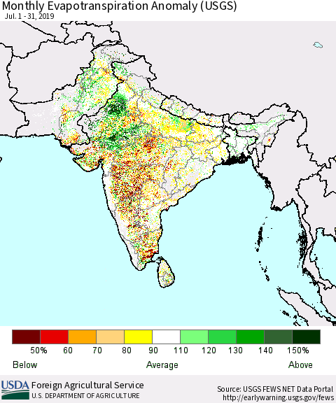 Southern Asia Monthly Actual Evapotranspiration Anomaly (USGS) Thematic Map For 7/1/2019 - 7/31/2019