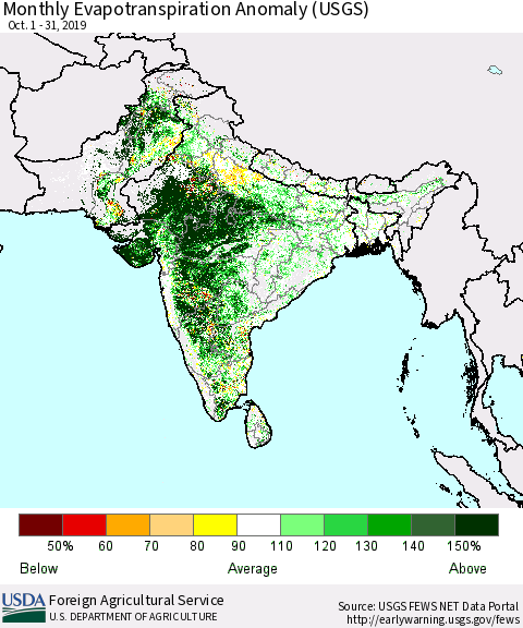 Southern Asia Monthly Actual Evapotranspiration Anomaly (USGS) Thematic Map For 10/1/2019 - 10/31/2019