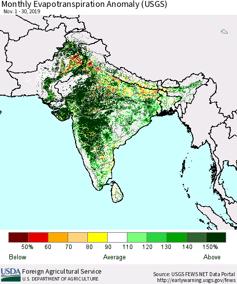 Southern Asia Monthly Evapotranspiration Anomaly (USGS) Thematic Map For 11/1/2019 - 11/30/2019
