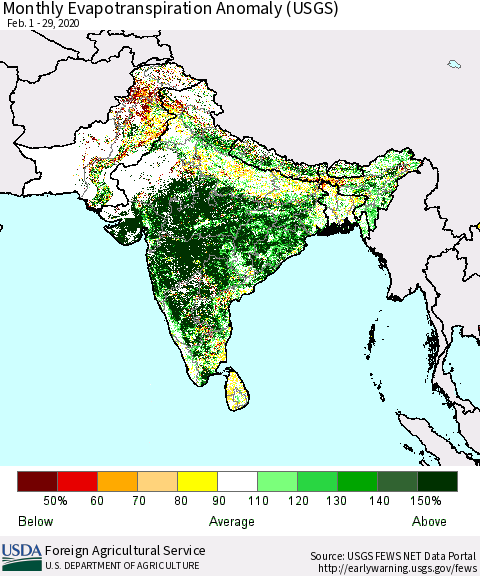 Southern Asia Monthly Evapotranspiration Anomaly (USGS) Thematic Map For 2/1/2020 - 2/29/2020