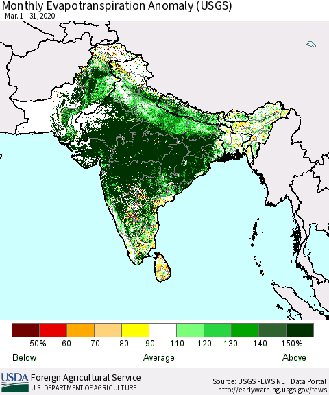 Southern Asia Monthly Actual Evapotranspiration Anomaly (USGS) Thematic Map For 3/1/2020 - 3/31/2020