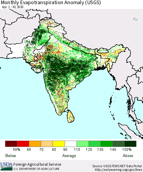 Southern Asia Monthly Actual Evapotranspiration Anomaly (USGS) Thematic Map For 4/1/2020 - 4/30/2020