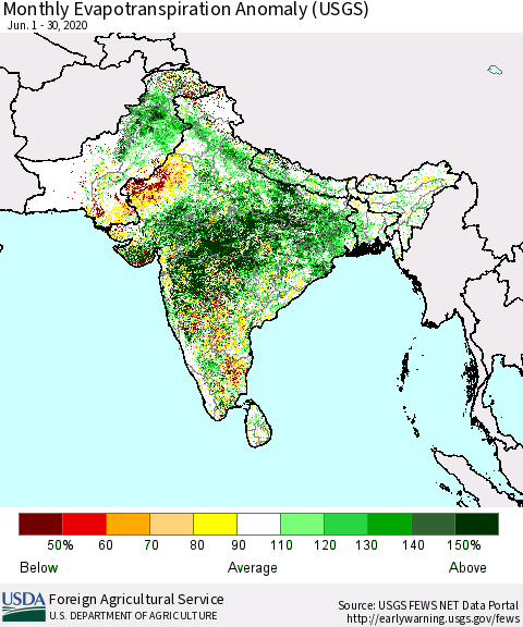 Southern Asia Monthly Actual Evapotranspiration Anomaly (USGS) Thematic Map For 6/1/2020 - 6/30/2020