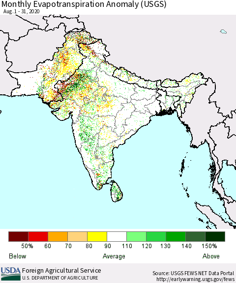 Southern Asia Monthly Actual Evapotranspiration Anomaly (USGS) Thematic Map For 8/1/2020 - 8/31/2020