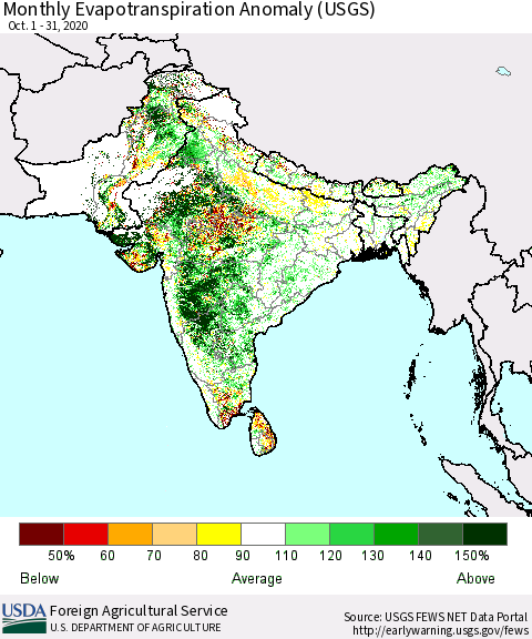 Southern Asia Monthly Evapotranspiration Anomaly (USGS) Thematic Map For 10/1/2020 - 10/31/2020
