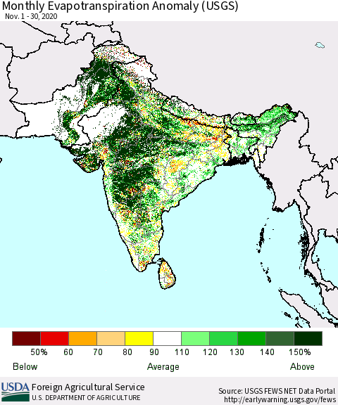 Southern Asia Monthly Actual Evapotranspiration Anomaly (USGS) Thematic Map For 11/1/2020 - 11/30/2020