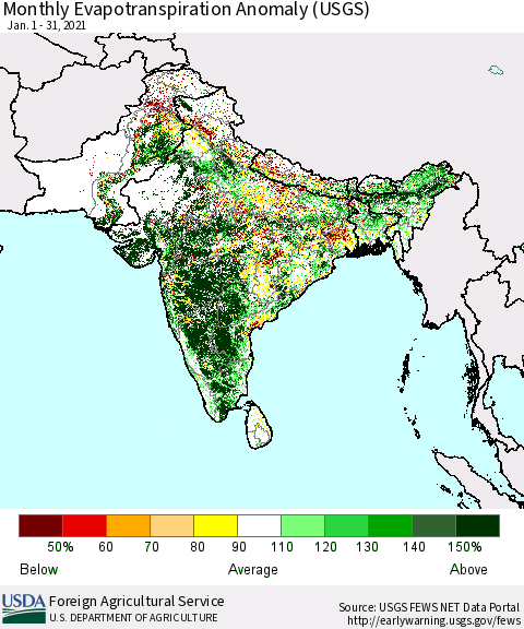 Southern Asia Evapotranspiration Anomaly 1-Month (USGS) Thematic Map For 1/1/2021 - 1/31/2021