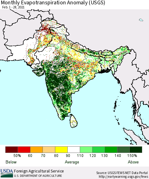 Southern Asia Monthly Actual Evapotranspiration Anomaly (USGS) Thematic Map For 2/1/2021 - 2/28/2021