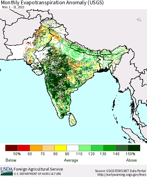 Southern Asia Evapotranspiration Anomaly 1-Month (USGS) Thematic Map For 3/1/2021 - 3/31/2021