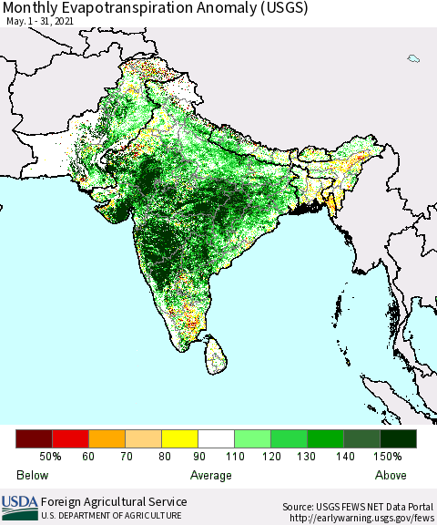 Southern Asia Monthly Actual Evapotranspiration Anomaly (USGS) Thematic Map For 5/1/2021 - 5/31/2021