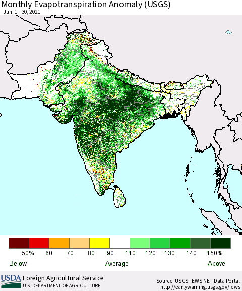 Southern Asia Monthly Actual Evapotranspiration Anomaly (USGS) Thematic Map For 6/1/2021 - 6/30/2021