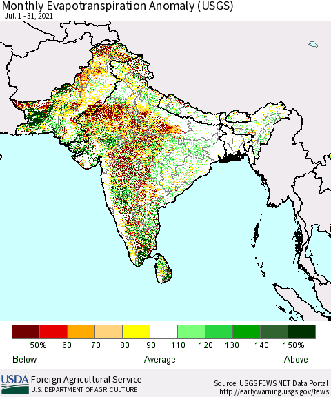 Southern Asia Monthly Actual Evapotranspiration Anomaly (USGS) Thematic Map For 7/1/2021 - 7/31/2021