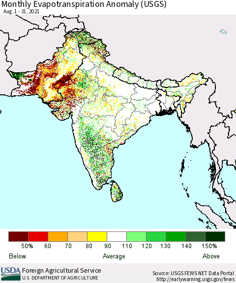 Southern Asia Monthly Actual Evapotranspiration Anomaly (USGS) Thematic Map For 8/1/2021 - 8/31/2021