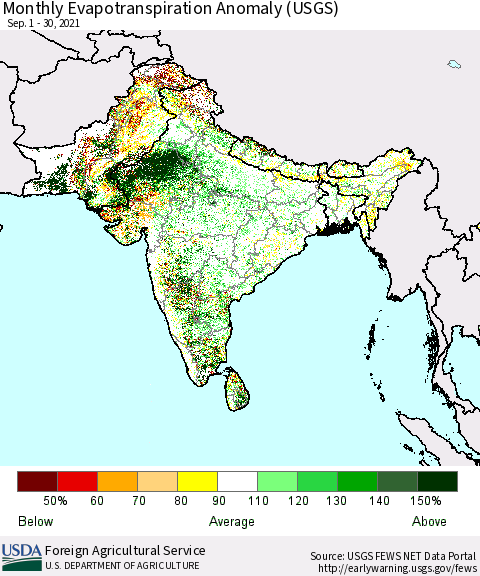 Southern Asia Monthly Actual Evapotranspiration Anomaly (USGS) Thematic Map For 9/1/2021 - 9/30/2021