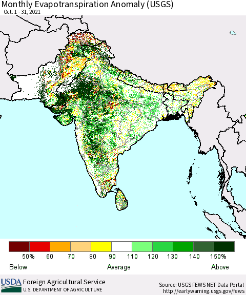 Southern Asia Monthly Actual Evapotranspiration Anomaly (USGS) Thematic Map For 10/1/2021 - 10/31/2021