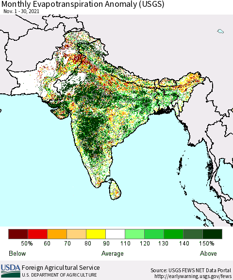 Southern Asia Evapotranspiration Anomaly 1-Month (USGS) Thematic Map For 11/1/2021 - 11/30/2021