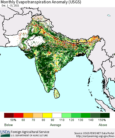 Southern Asia Monthly Actual Evapotranspiration Anomaly (USGS) Thematic Map For 12/1/2021 - 12/31/2021