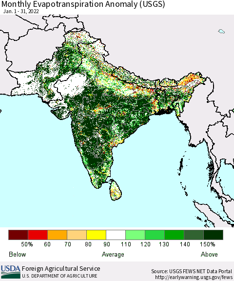 Southern Asia Monthly Actual Evapotranspiration Anomaly (USGS) Thematic Map For 1/1/2022 - 1/31/2022