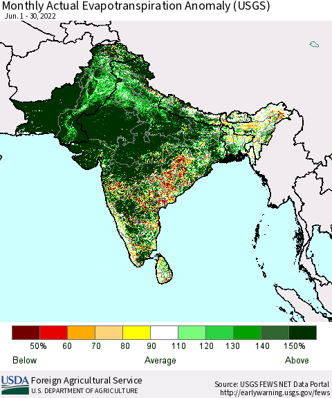 Southern Asia Monthly Actual Evapotranspiration Anomaly (USGS) Thematic Map For 6/1/2022 - 6/30/2022