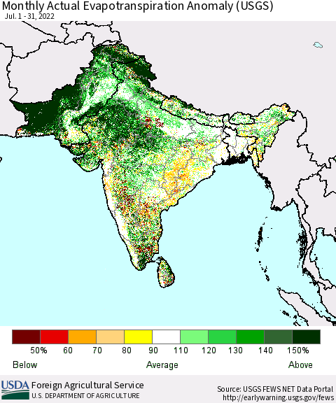 Southern Asia Monthly Actual Evapotranspiration Anomaly (USGS) Thematic Map For 7/1/2022 - 7/31/2022