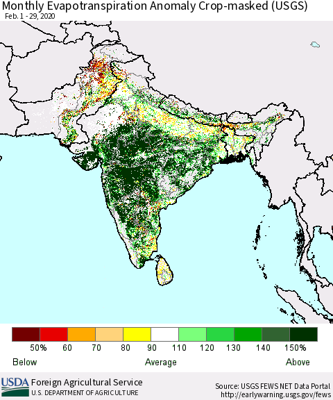 Southern Asia Monthly Evapotranspiration Anomaly Crop-masked (USGS) Thematic Map For 2/1/2020 - 2/29/2020
