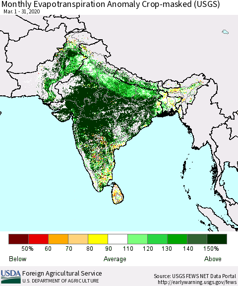 Southern Asia Monthly Evapotranspiration Anomaly Crop-masked (USGS) Thematic Map For 3/1/2020 - 3/31/2020