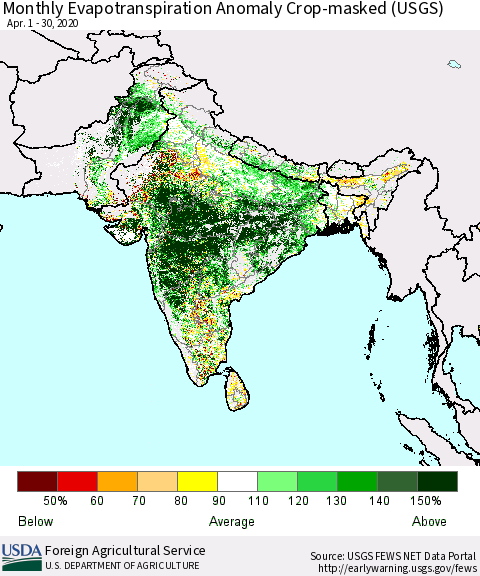 Southern Asia Monthly Evapotranspiration Anomaly Crop-masked (USGS) Thematic Map For 4/1/2020 - 4/30/2020