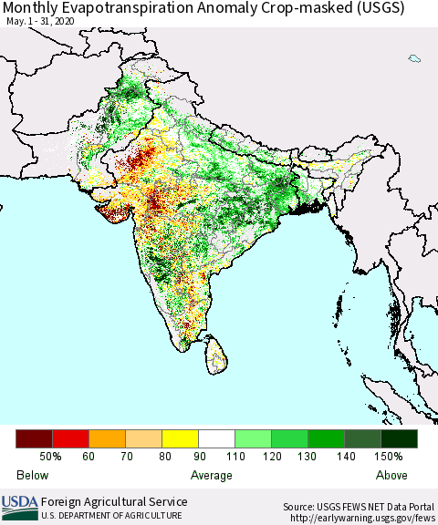 Southern Asia Monthly Actual Evapotranspiration Anomaly over Croplands (USGS) Thematic Map For 5/1/2020 - 5/31/2020