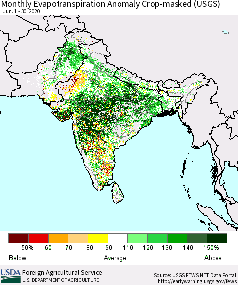 Southern Asia Monthly Actual Evapotranspiration Anomaly over Croplands (USGS) Thematic Map For 6/1/2020 - 6/30/2020