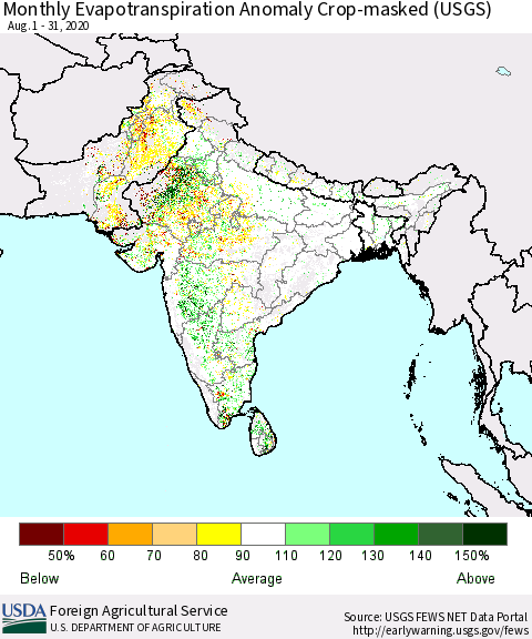 Southern Asia Monthly Actual Evapotranspiration Anomaly over Croplands (USGS) Thematic Map For 8/1/2020 - 8/31/2020