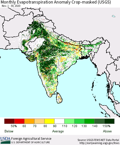 Southern Asia Monthly Evapotranspiration Anomaly Crop-masked (USGS) Thematic Map For 11/1/2020 - 11/30/2020