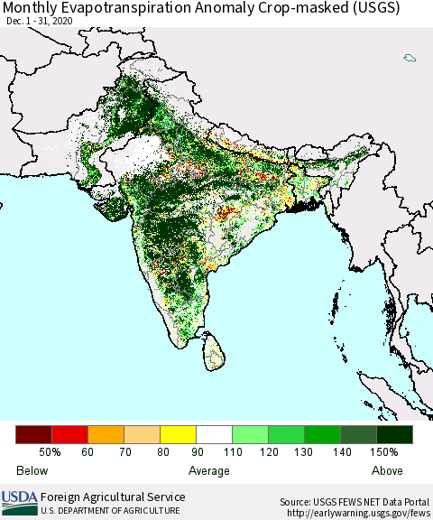 Southern Asia Monthly Actual Evapotranspiration Anomaly over Croplands (USGS) Thematic Map For 12/1/2020 - 12/31/2020
